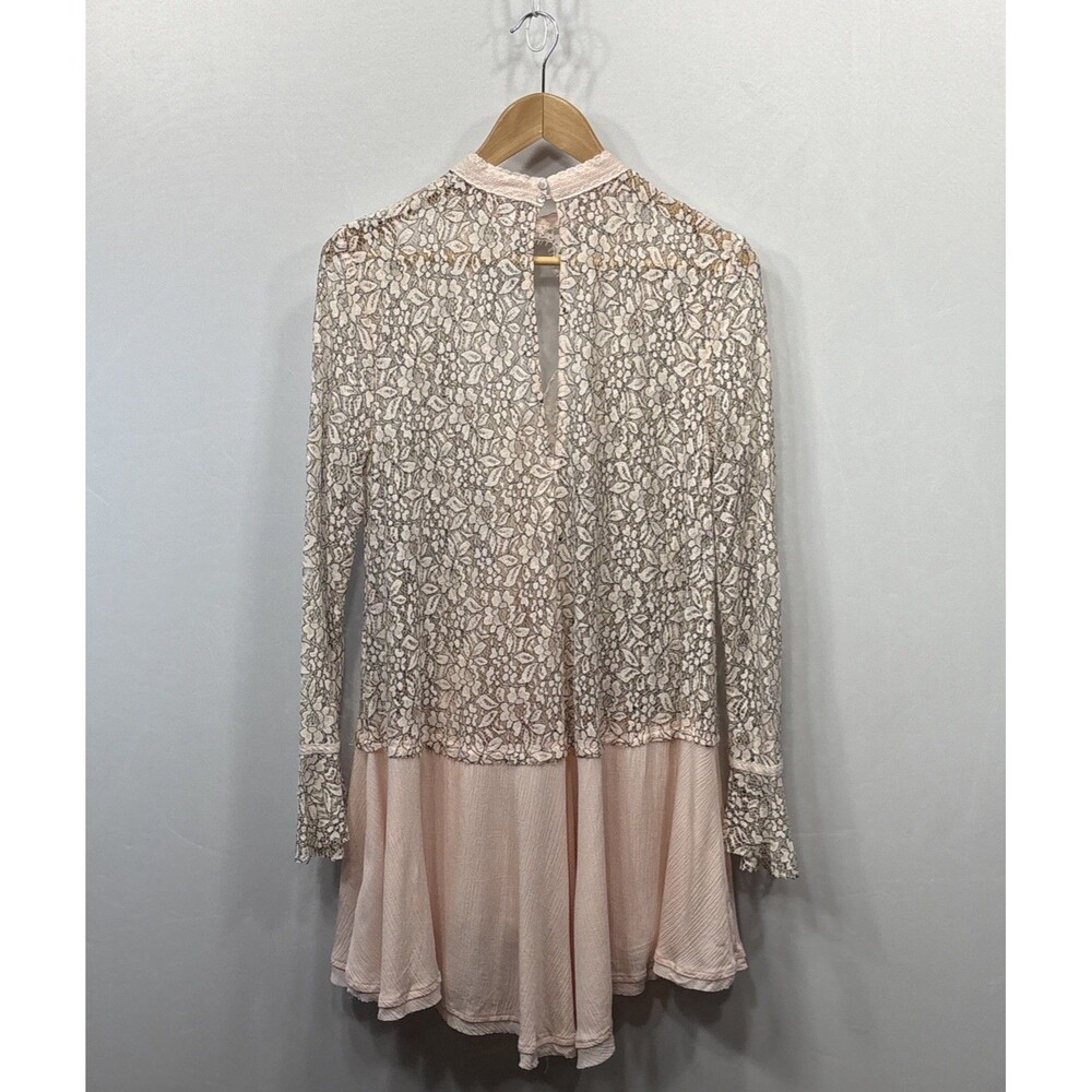 Free People Tell Tale Lace Tunic Dress Pink M OB556692 Boho Sheer Long Sleeve - Picture 3 of 14